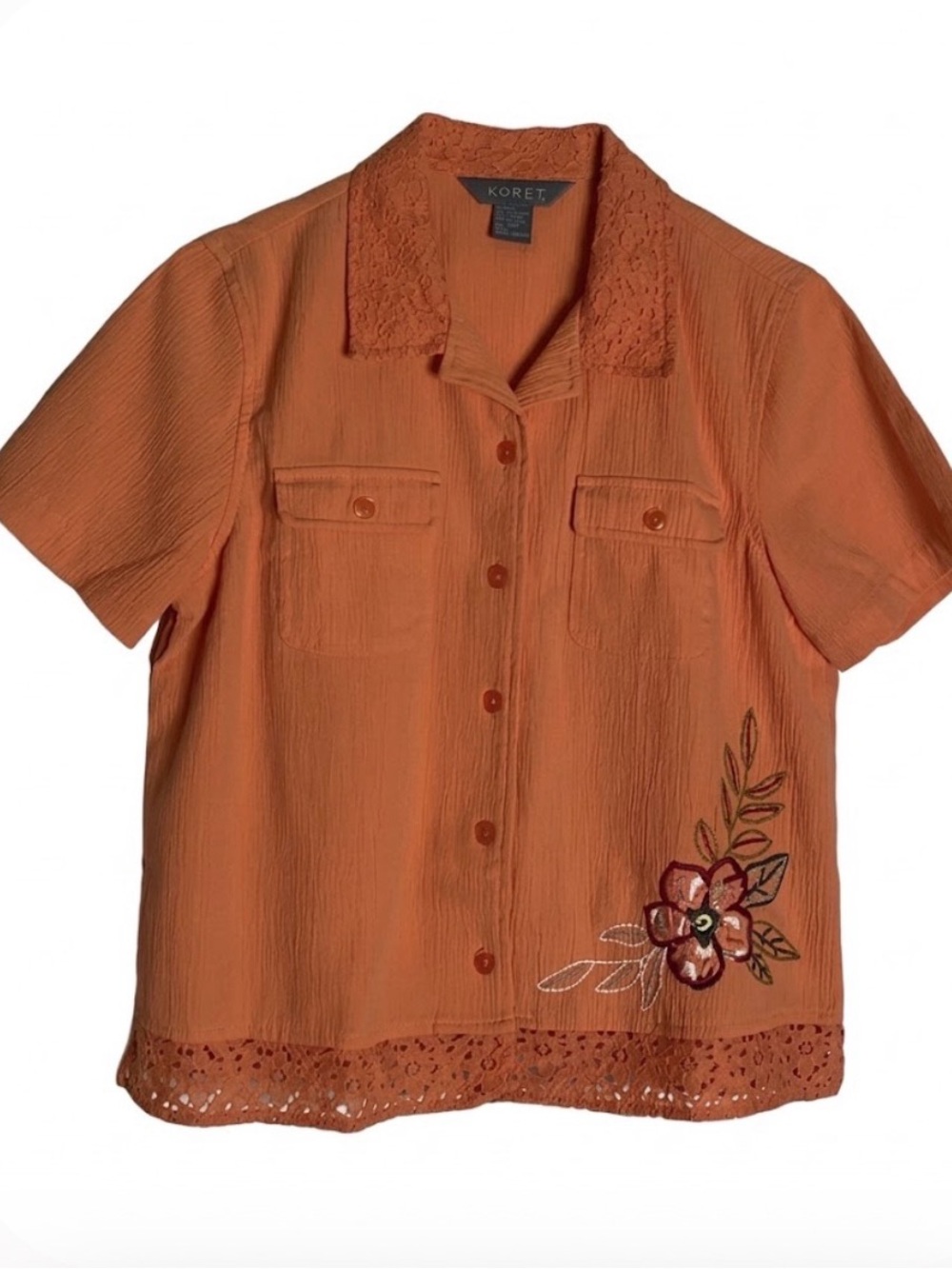 KORET Embroidered Button Down Blouse, Women’s 10P, Orange